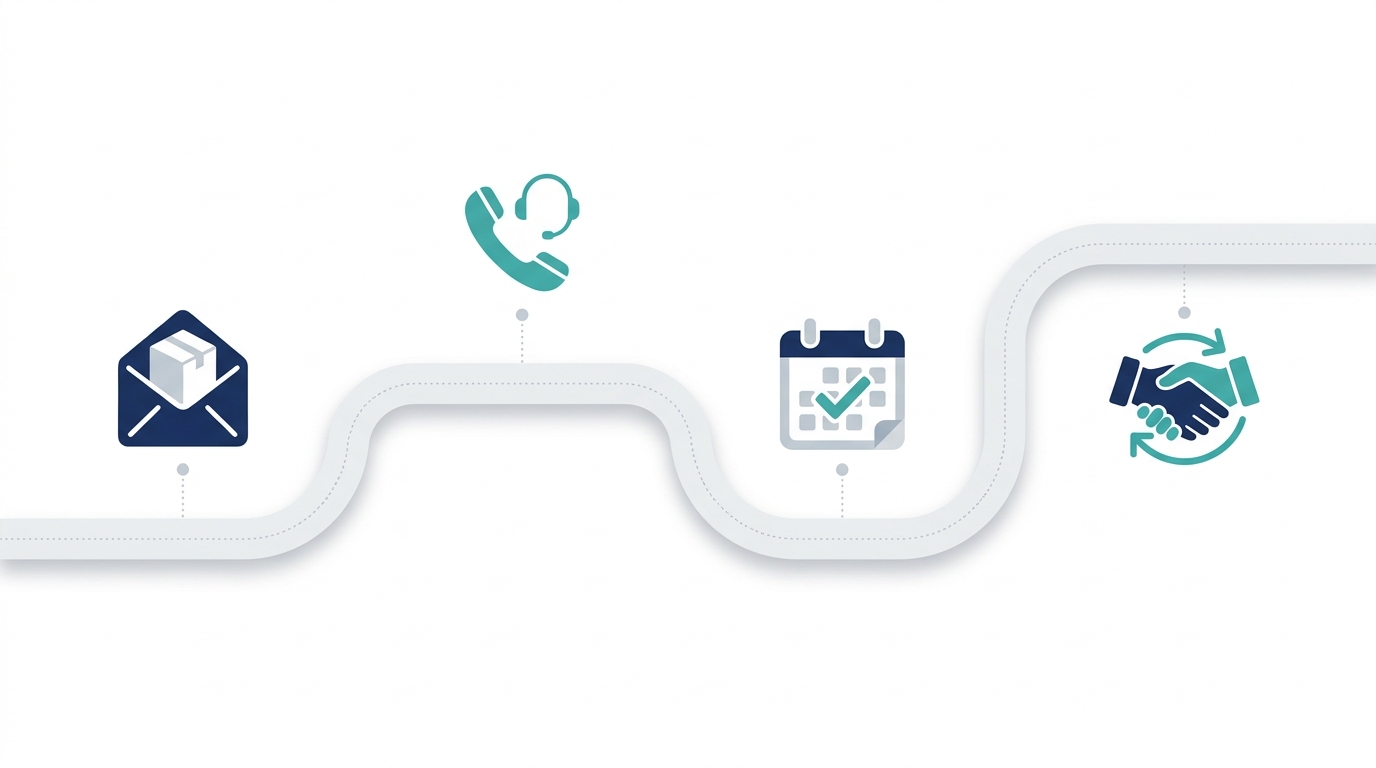 A clean horizontal timeline graphic showing a smooth pathway with four icon milestones: an open envelope for welcome packet delivery, a phone headset for the orientation call, a calendar with a checkmark for the 30-day check-in, and a handshake for the 60-to-90-day review and referral ask. The design uses navy blue, teal, light gray, and white and includes dotted connectors from the path to each icon. No text appears in the image.