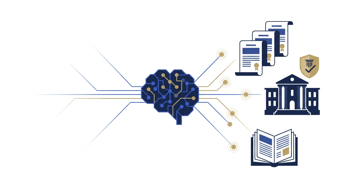 Illustration of an AI brain connecting to legal documents and a law firm building via citation nodes, showing AI-driven citation linking and authority.