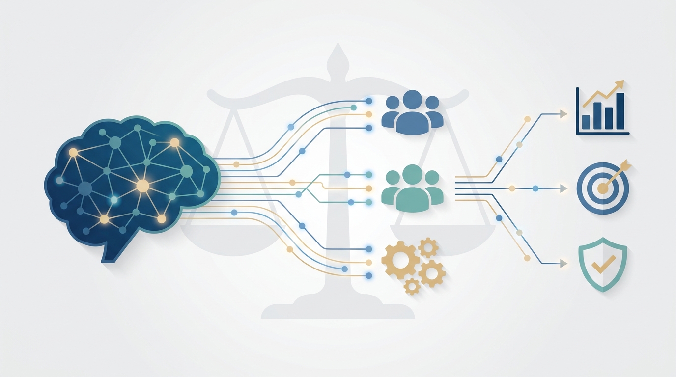 A stylized AI core emitting glowing data streams that branch into colorful audience groups and measurable outcome icons, with a faint scales-of-justice silhouette in the background.