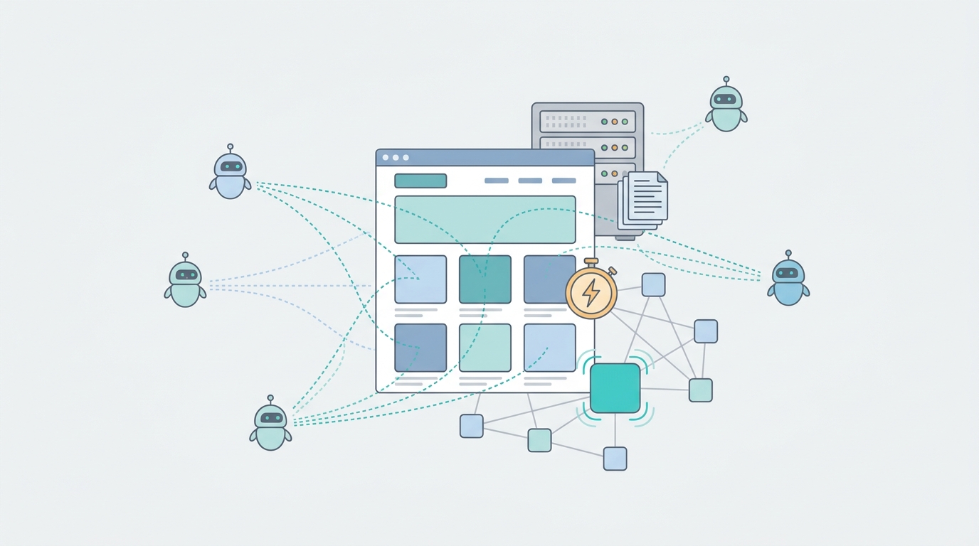 Illustration showing minimalist crawler icons scanning a stylized website with server rack, log stack, internal links, and a lightning bolt indicating fast extractable facts