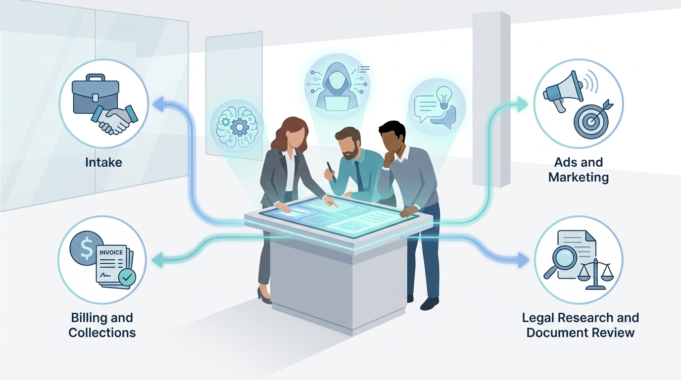 Illustration of a modern law office with human team members collaborating with glowing AI agent avatars over a central digital console; workflow lines connect intake, billing, collections, and marketing icons to show automation and integration.