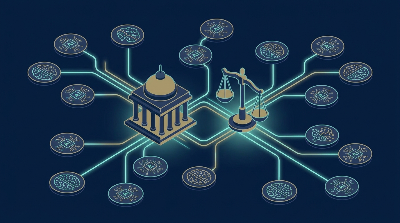 Conceptual graphic showing a law firm building and scales of justice connected to multiple abstract AI nodes in a neutral vector style. No text in image.