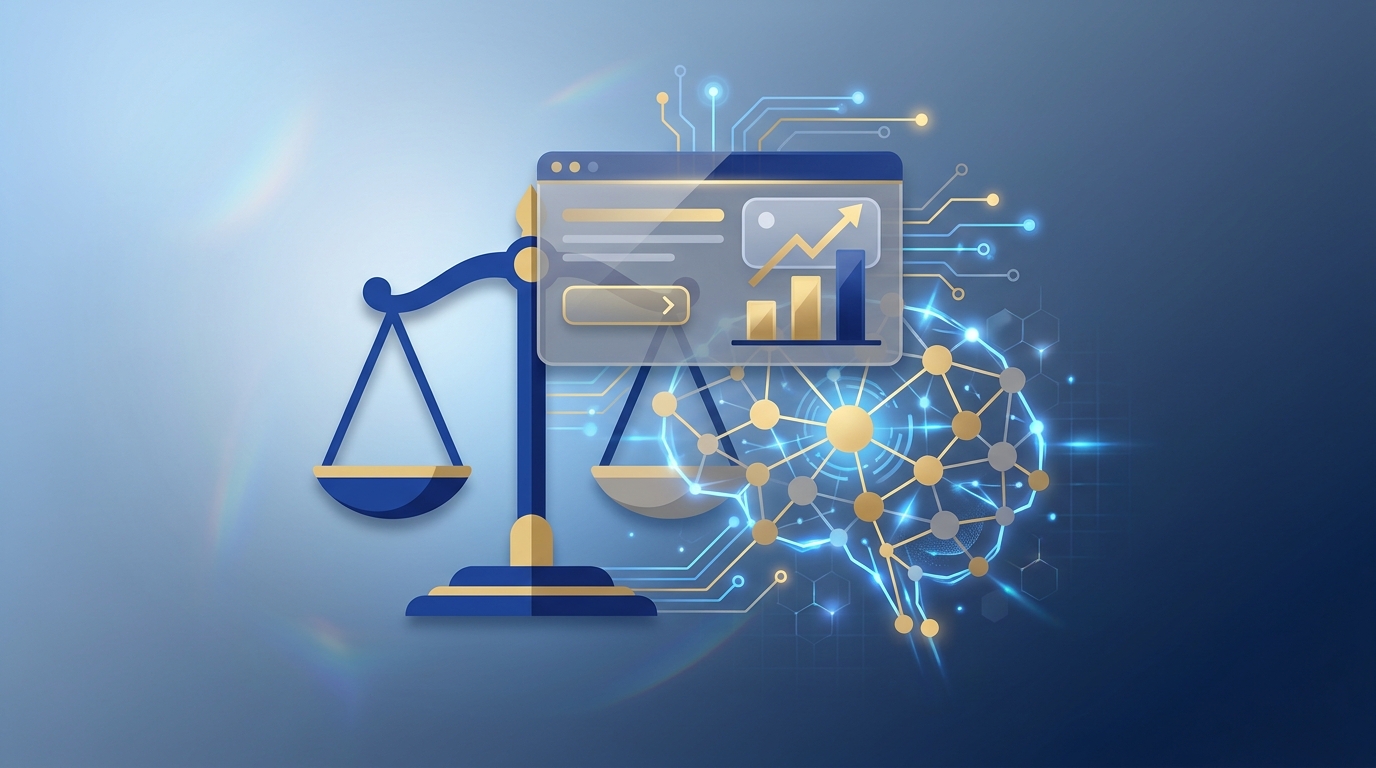 Illustration showing a stylized scales of justice blending into an AI neural network with a translucent ad card connecting them, symbolizing the fusion of AI technology and legal paid advertising.