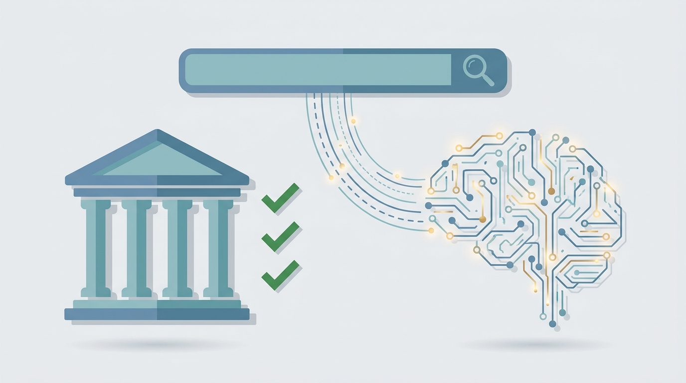 Illustration of a law firm building connected to a digital AI brain with a search bar above and green compliance check marks near the building