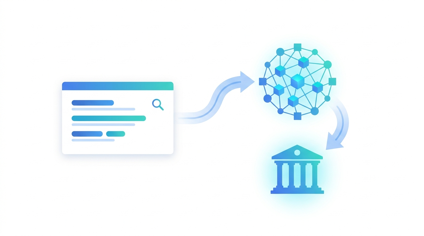 Illustration showing a desktop search card morphing into an AI node network connected to a stylized law firm icon, representing how AI Overviews boost law firm visibility in search results.