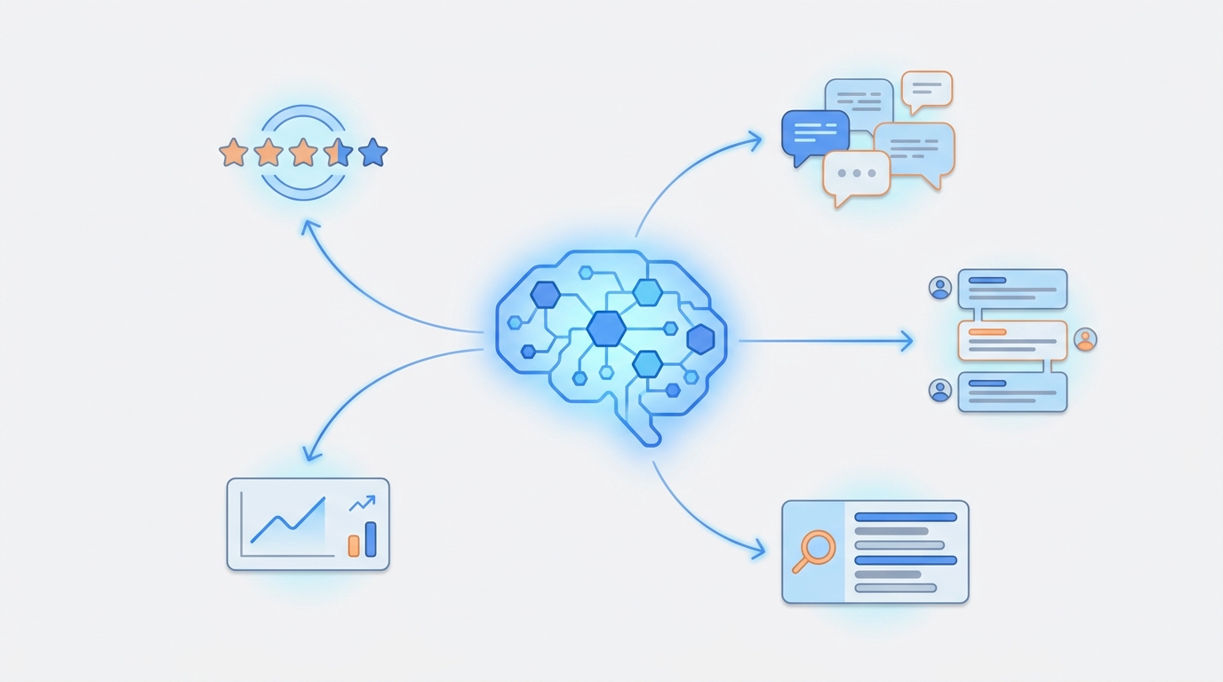 Illustration of an abstract AI node connecting via lines to icons representing star reviews, forum posts, a search result card, and a small analytics tile. Colors: blues, muted orange, soft gray.