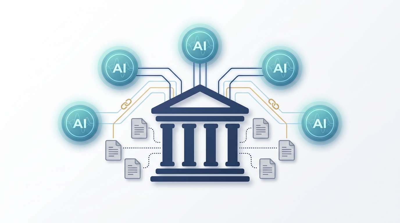 Abstract illustration showing a law firm building connected by lines to AI engine nodes, document icons for structured data, and small citation nodes indicating citation flow.