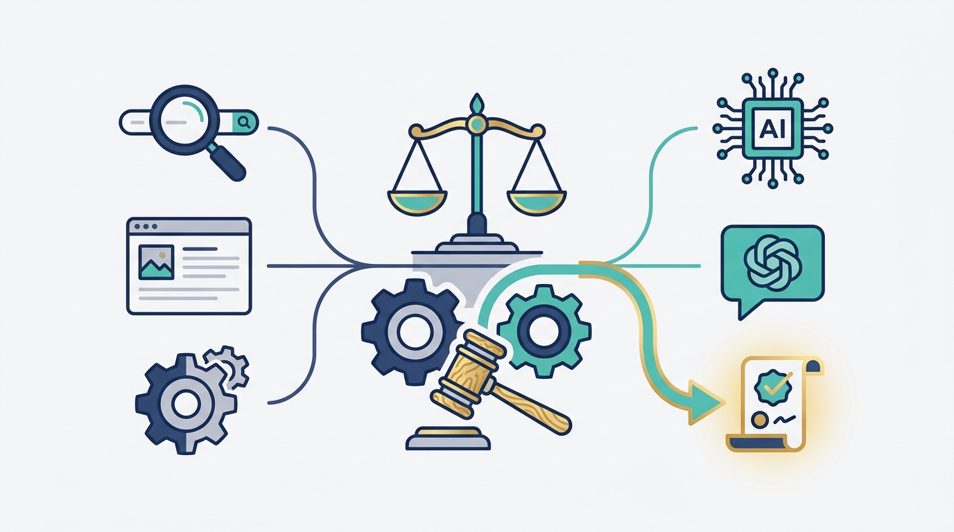 Simple vector visual showing integration of AI and SEO for law firms with icons for search, structured data, AI chip, gears, scales of justice, and a gavel, in navy teal and gold accents.