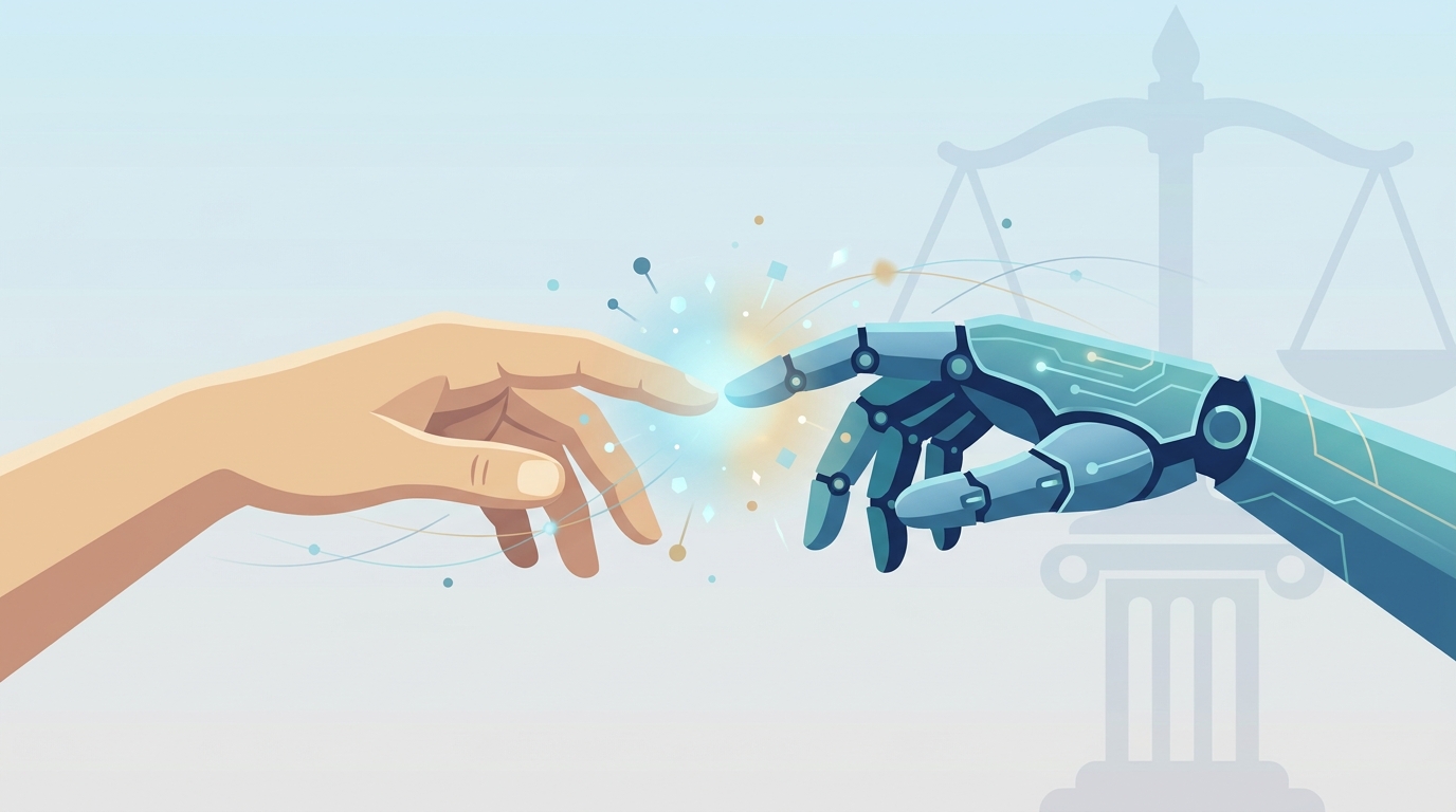 Human hand and robotic hand reaching, digital data nodes, faint legal silhouette in background