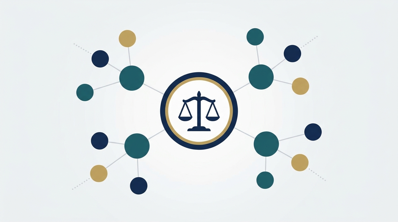 A clean illustration of a central shield-shaped node with a subtle scales of justice silhouette surrounded by clustered, interconnected nodes. Thin lines connect the nodes to show topical groupings and internal linking, using navy blue, deep teal, and gold accents on a soft gray background.