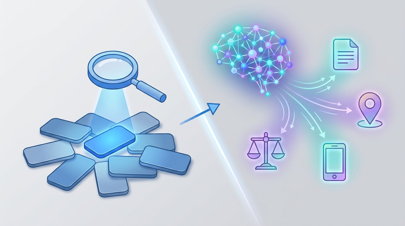 Illustration showing a split scene: left side with keyword tokens and a magnifying glass; right side with an abstract neural network connecting to intent icons, with arrows indicating transition from left to right.