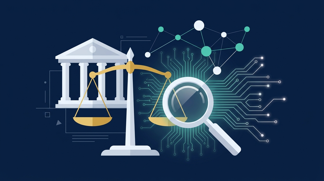Illustration showing scales of justice next to a magnifying glass with a neural network pattern radiating from it, courthouse silhouette in the background, colors deep navy teal and gold, flat vector style, no text