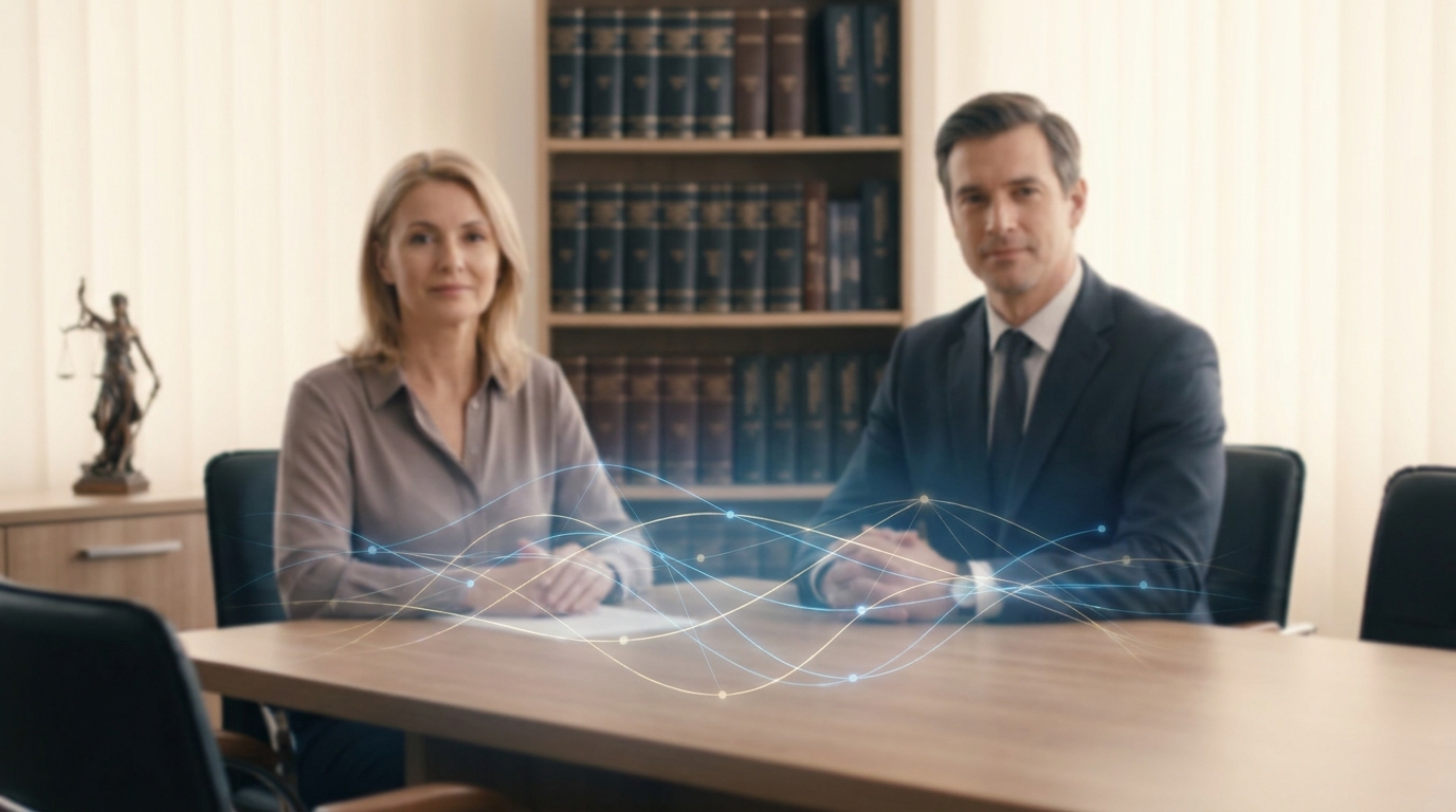 Professional lawyer and client at a conference table in a modern law office with a subtle abstract AI node motif above the table to suggest trust and technology