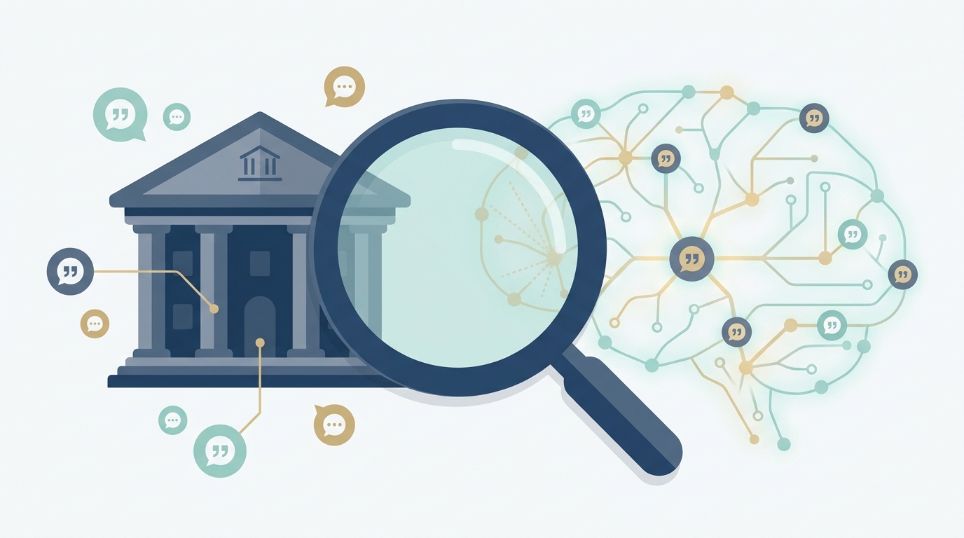Illustration showing a law firm building, magnifying glass for search, AI network nodes, and floating brand mention badges to represent linked and unlinked mentions.