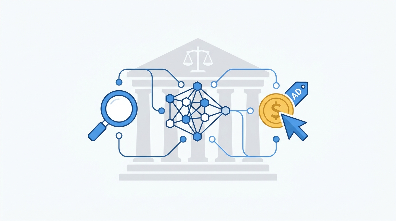 Simple vector illustration showing a search icon, AI neural network nodes, and a pay-per-click cursor interconnected, with a subtle law firm silhouette in the background to convey legal advertising integration.