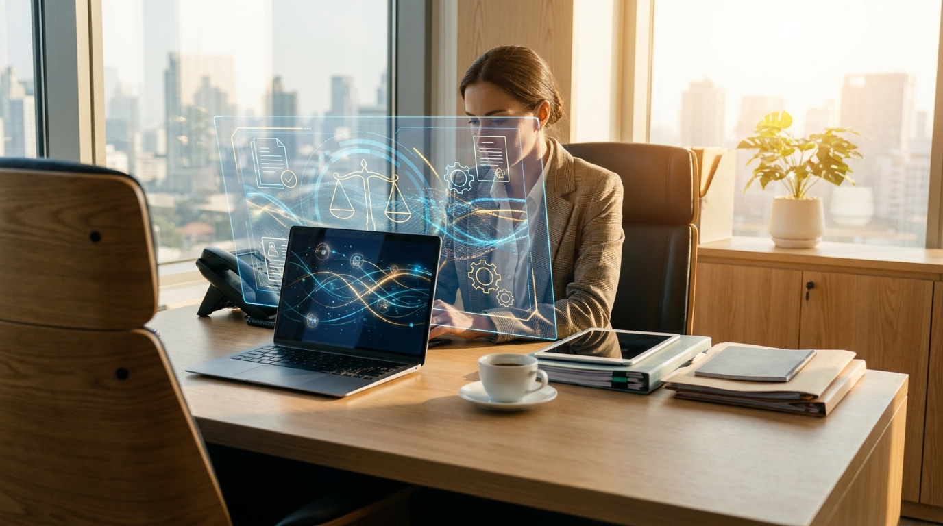 Lawyer at a desk interacting with a translucent AI interface displaying abstract data streams and legal document outlines; warm natural light; clean modern law office; no text