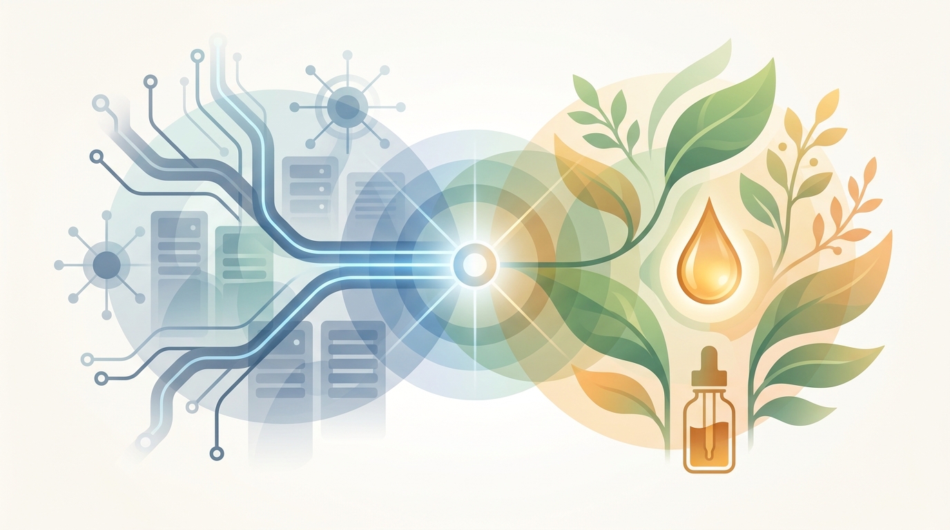 Illustration showing circuit and network motifs merging with plant leaves and an oil drop, symbolizing the convergence of legal technology and essential oils entrepreneurship.