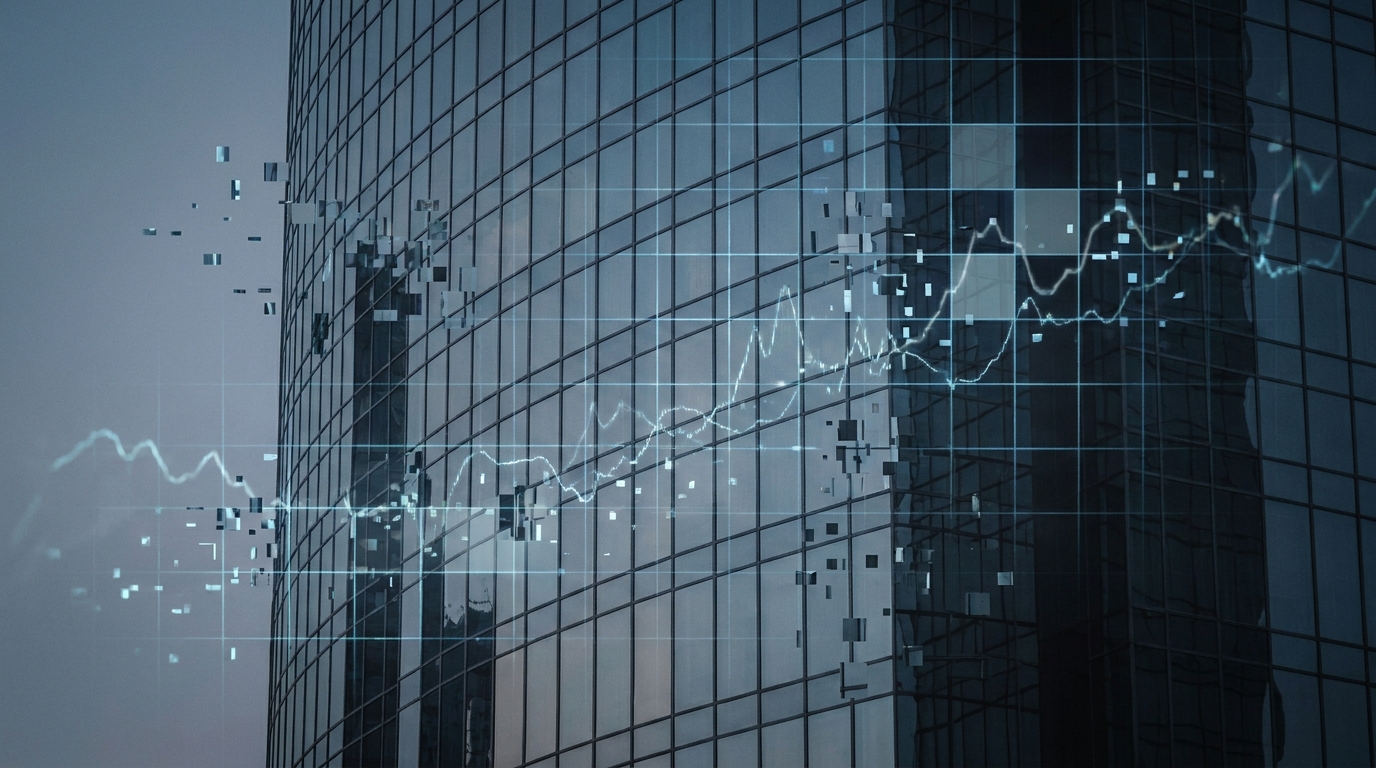 Corporate glass tower reflected in a broken digital grid, evoking uncertainty and digital transformation.