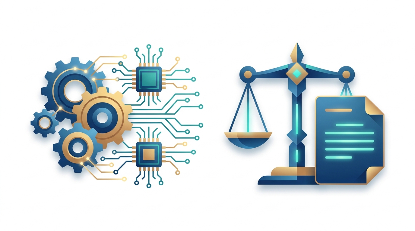 Disruption visual showing gears morphing into circuits alongside a stylized legal scale and document