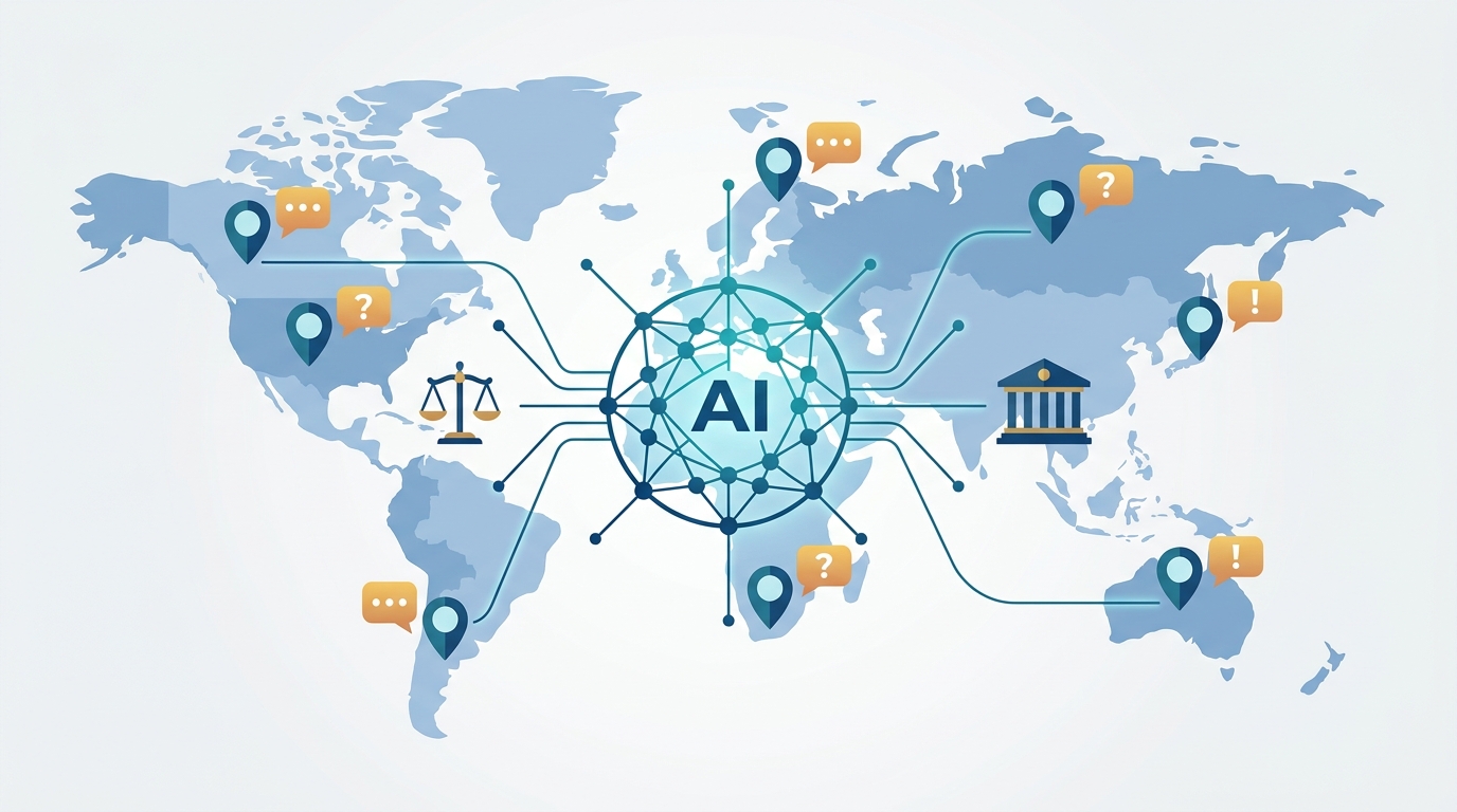Illustration of an abstract AI motif connecting to map pointers with language speech-bubble icons and subtle legal symbols