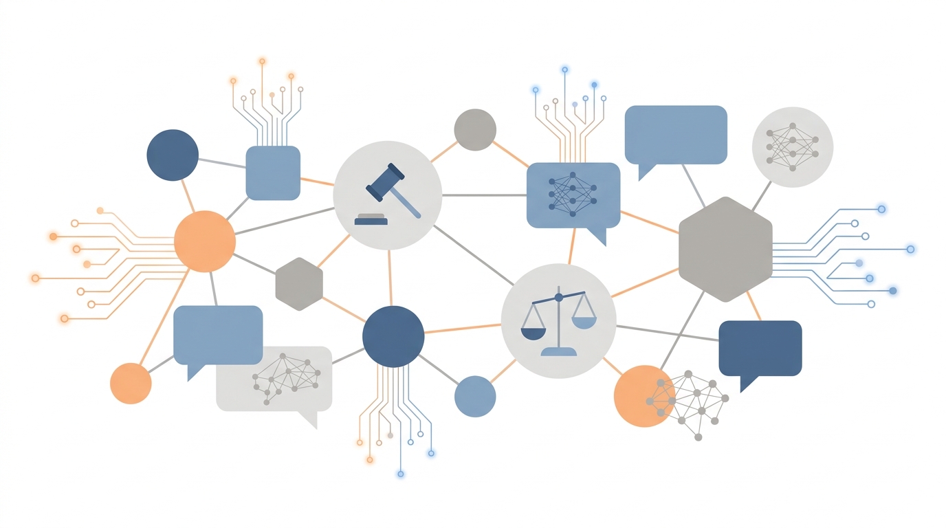 Community network nodes and conversation bubbles forming a connected web, with subtle legal icons and AI-like circuitry
