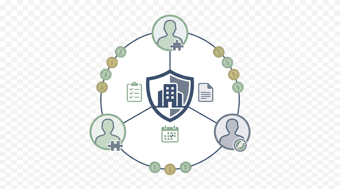 Simple flat vector graphic showing a central corporate icon connected to multiple shareholder icons by lines with coin symbols along the lines and small compliance pictograms near the corporation