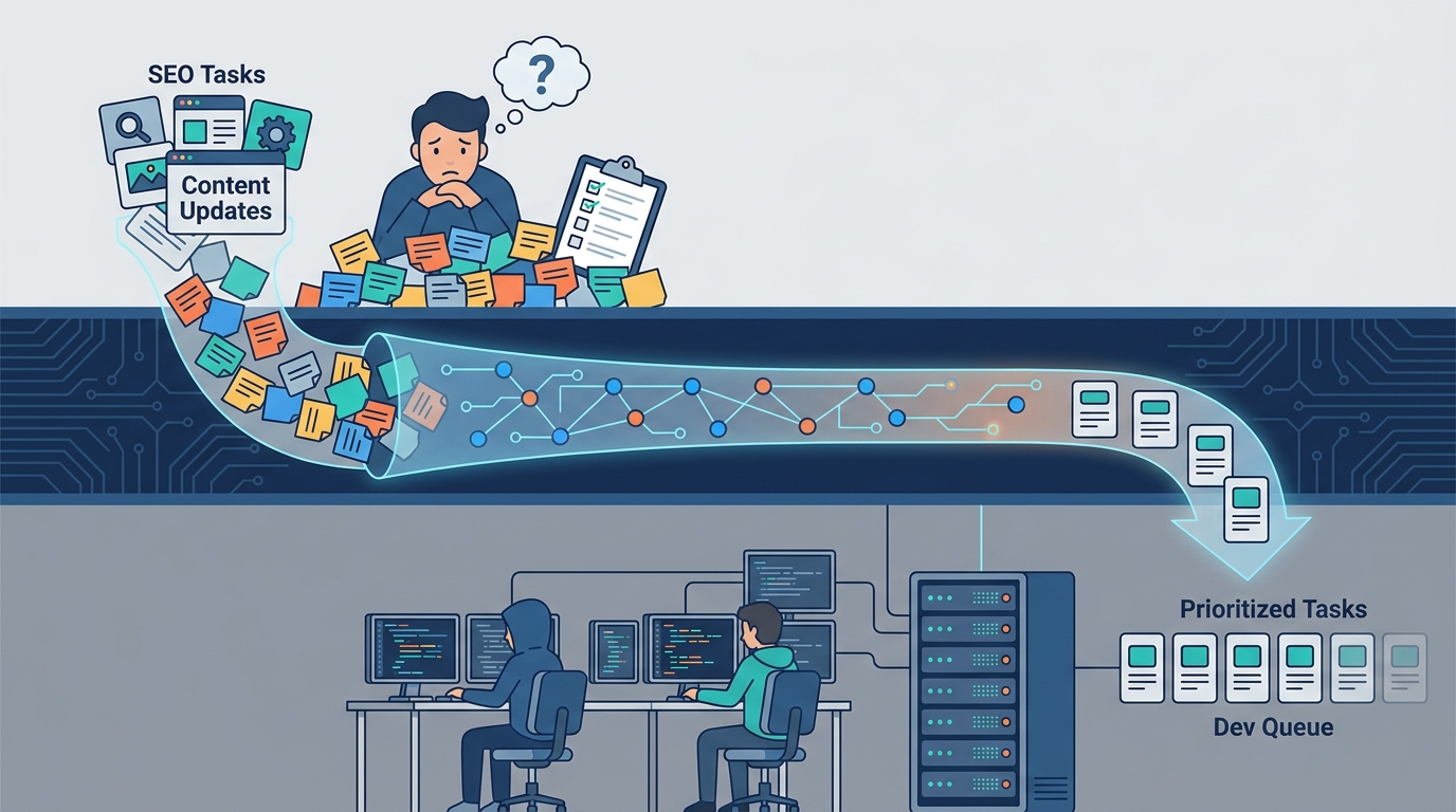 AI-driven SEO workflow bridging the IT line of death