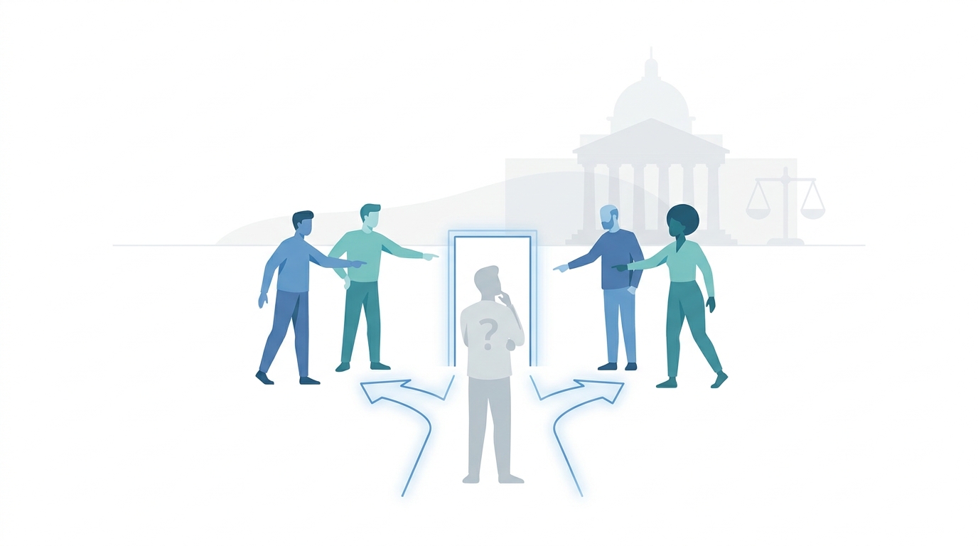 Social proof illustration showing a small group of people influencing a single person near a courthouse silhouette