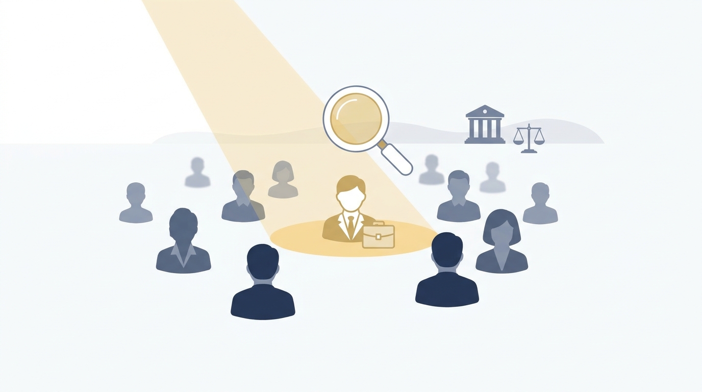Spotlight on ideal client avatar among a crowd with subtle courthouse silhouette in the background