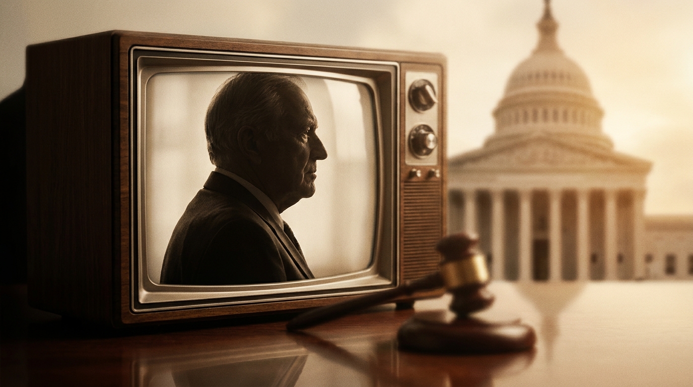 A warm sepia image showing a silhouetted media mogul profile framed by an old television set; a courthouse dome and columns fade into the background while a gavel reflects softly on the glass foreground to suggest Turner's influence on legal broadcasting and media legacy.