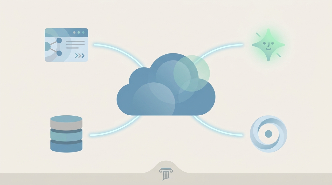 Abstract illustration of AI-powered CRM integration within Microsoft 365 for law firms showing a central cloud with connected icon clusters for CRM, Foundation 365, Lito, and Copilot, plus a subtle courthouse symbol.