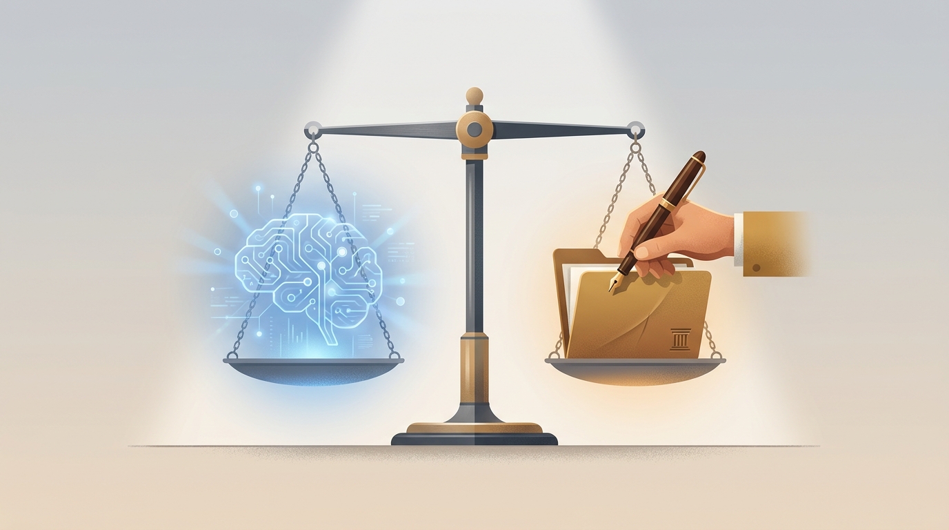 A minimal illustration of a balanced scale with an abstract glowing blue AI node cluster on one pan and a warm hand holding a pen and legal folder on the other, set against a clean neutral gradient to evoke the tension and cooperation between fast AI output and slow human judgment.