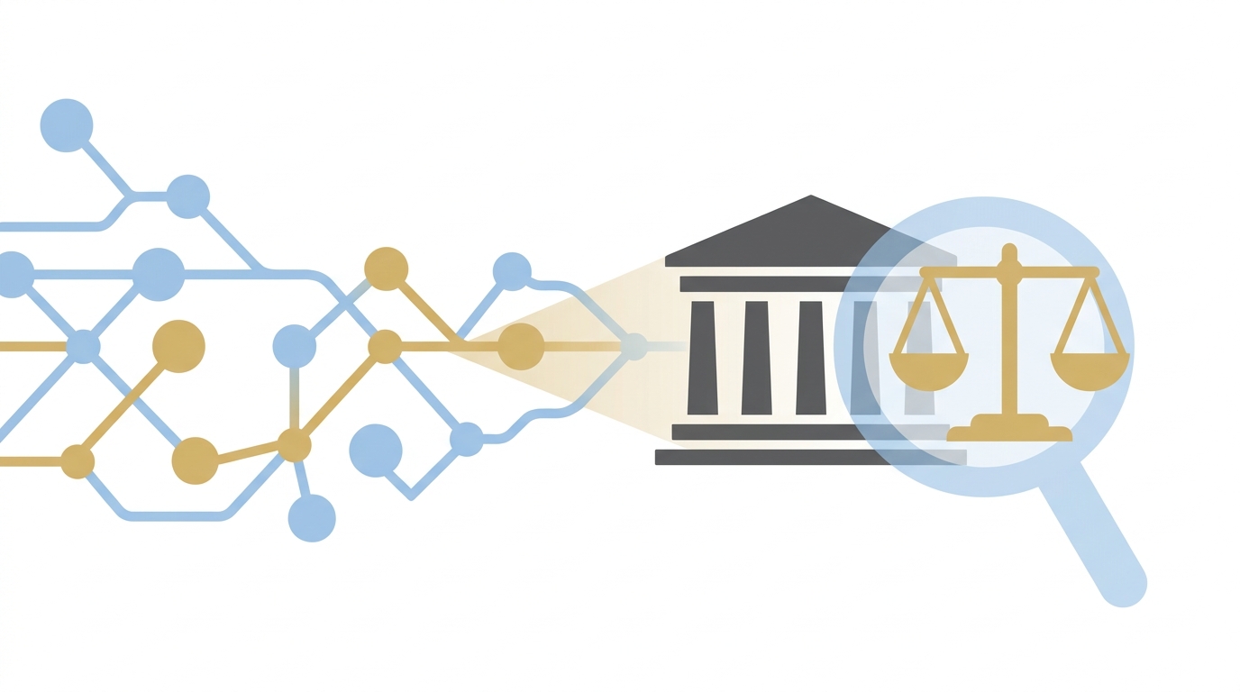 Illustration of an abstract AI neural network merging with a courthouse silhouette and magnifying glass to symbolize AI enhancing legal advertising