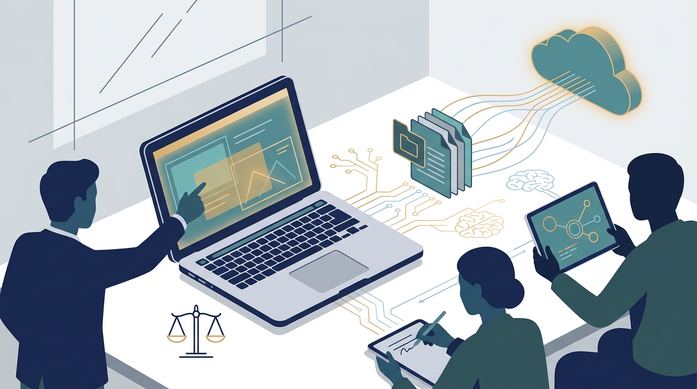 Illustration of a modern law office desk showing a laptop, tablet with connected nodes, digital documents flowing to a cloud icon, a minimal scale of justice line icon, and three silhouettes collaborating to represent AI in legal practice and legal technology integration.