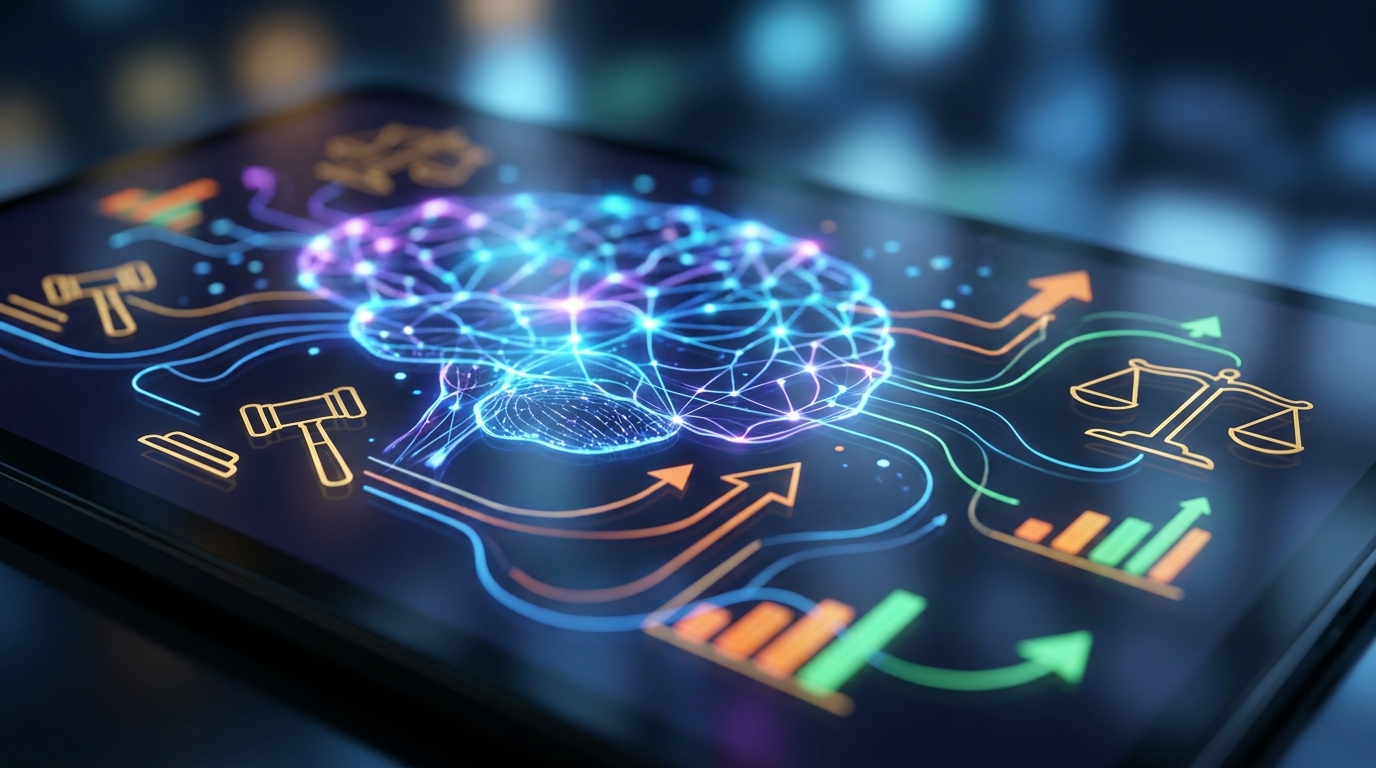 Illustration showing abstract AI neural nodes connecting to marketing graphs and a subtle scales of justice icon, representing AI's integration into law firm marketing technology trends.