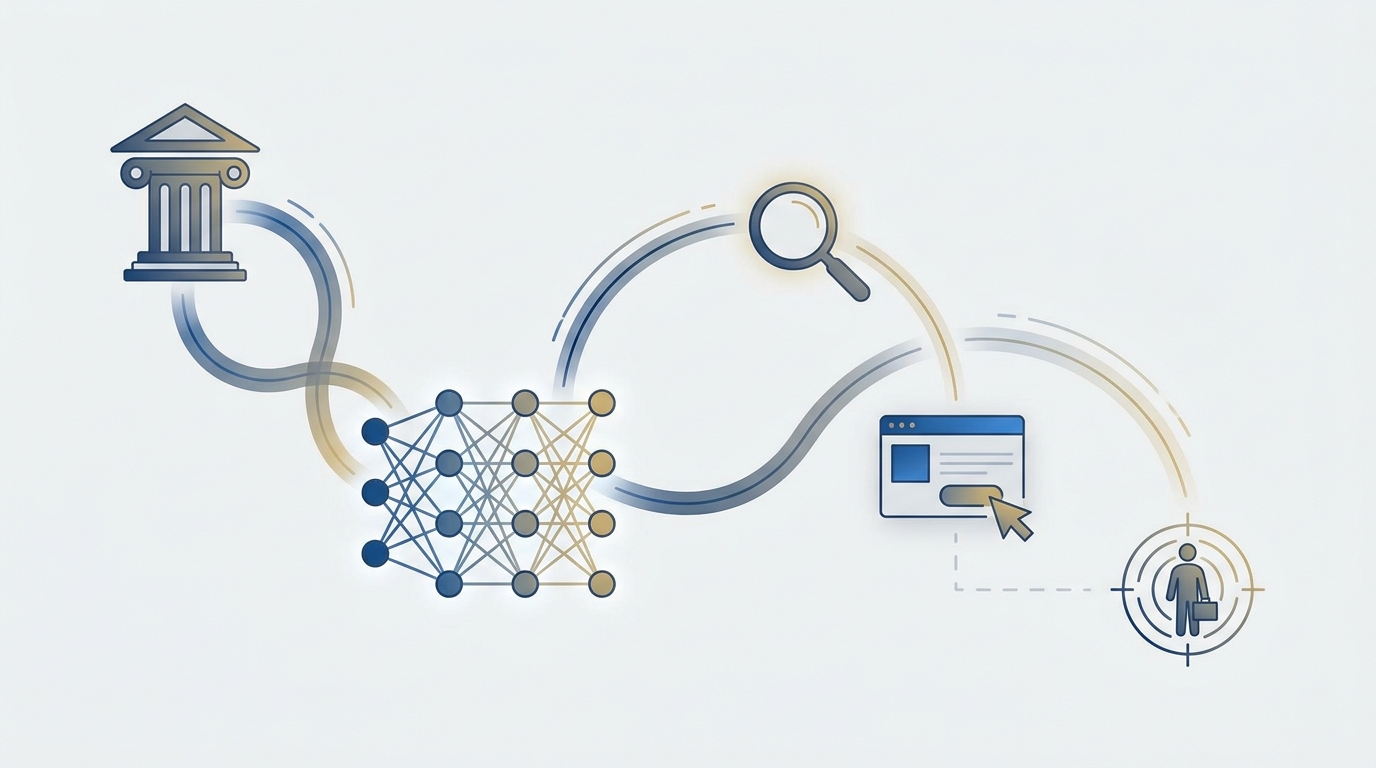 Modern vector illustration showing a courthouse icon connected to a neural network, a search magnifier, a browser ad card, and a user target silhouette to represent AI-powered personalization integrating search and PPC for law firms.