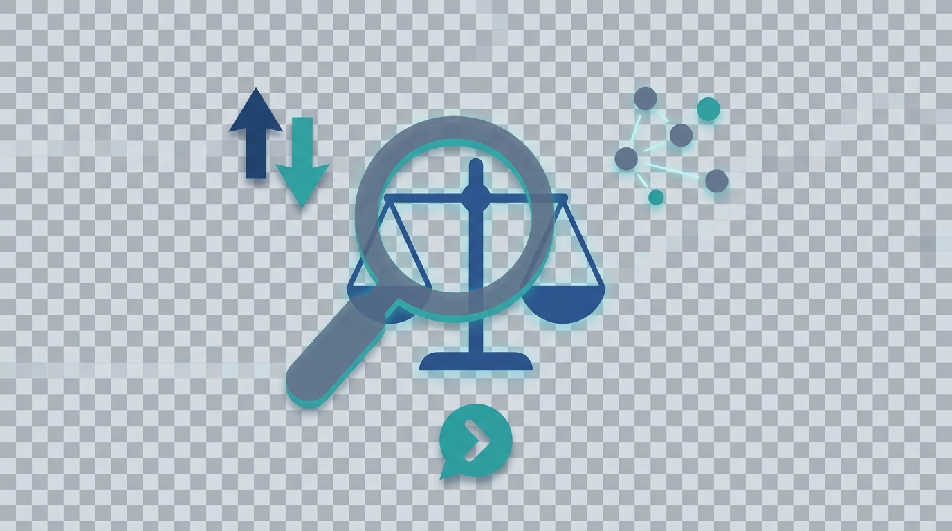 Illustration of a magnifying glass overlapping a balanced law scale with arrows indicating volatility, small citation nodes, and a prompt icon; modern flat style in blues and teal.