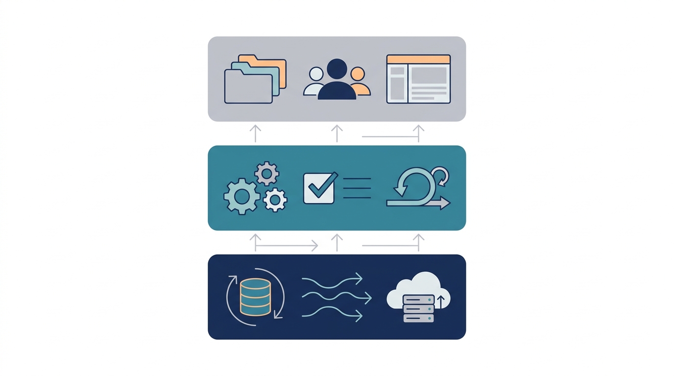Clean illustration showing a three layer AI stack workflow: bottom layer represents live data sources, middle layer represents Skills for behavioral consistency, and top layer represents Claude Projects for client and team context. Layers are connected with subtle arrows to indicate data flow.