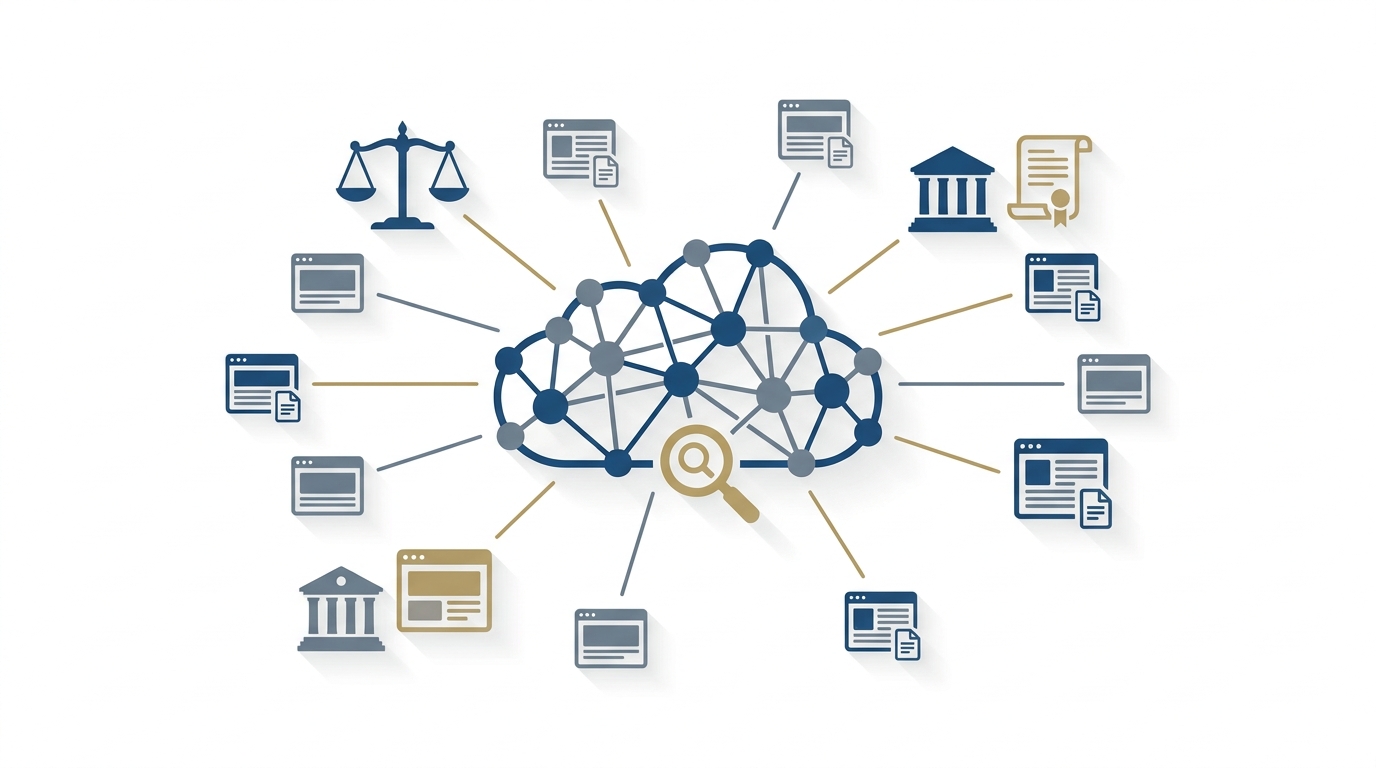 Illustration of an abstract AI brain in the center with network lines connecting to small web citation nodes. Law icons such as scales of justice and a courthouse silhouette sit near select nodes to indicate legal content. A magnifying glass motif subtly suggests search initiation. Colors: deep blue, slate gray, muted gold accents.