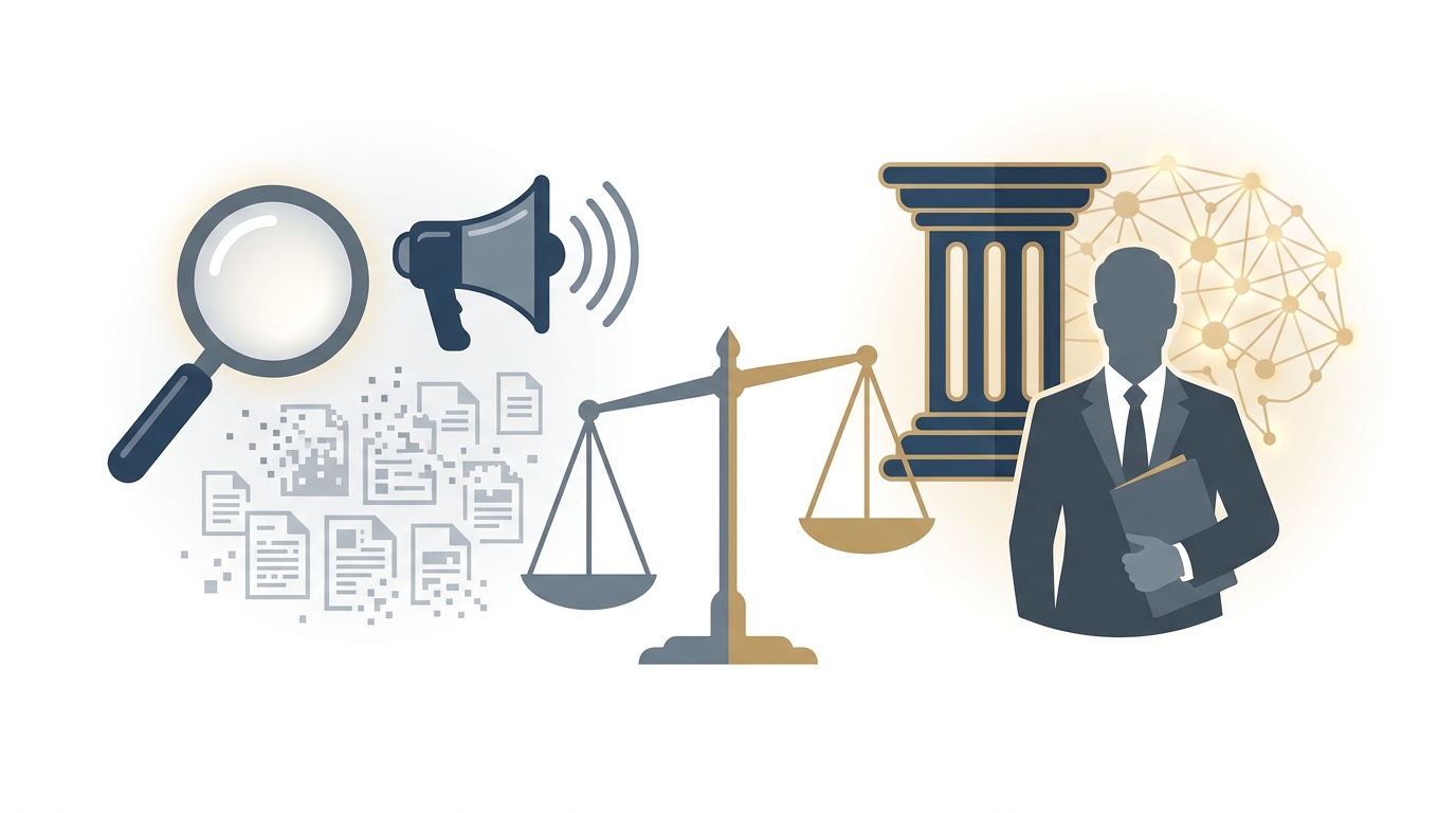 A balanced, symbolic illustration showing two sides: on the left, a large magnifying glass, a megaphone, and scattered generic documents representing noisy visibility; on the right, a courthouse column, a lawyer silhouette holding a folder, and a subtle neural network pattern representing credibility powered by AI-informed expertise. A central scale tips toward the credibility side, and the palette uses deep blue, slate gray, and warm gold accents.