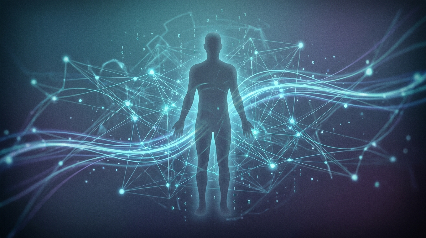 Abstract silhouette of a person surrounded by luminous digital data streams and network nodes, in deep blues and cyan highlights, symbolizing data surveillance and privacy concerns.