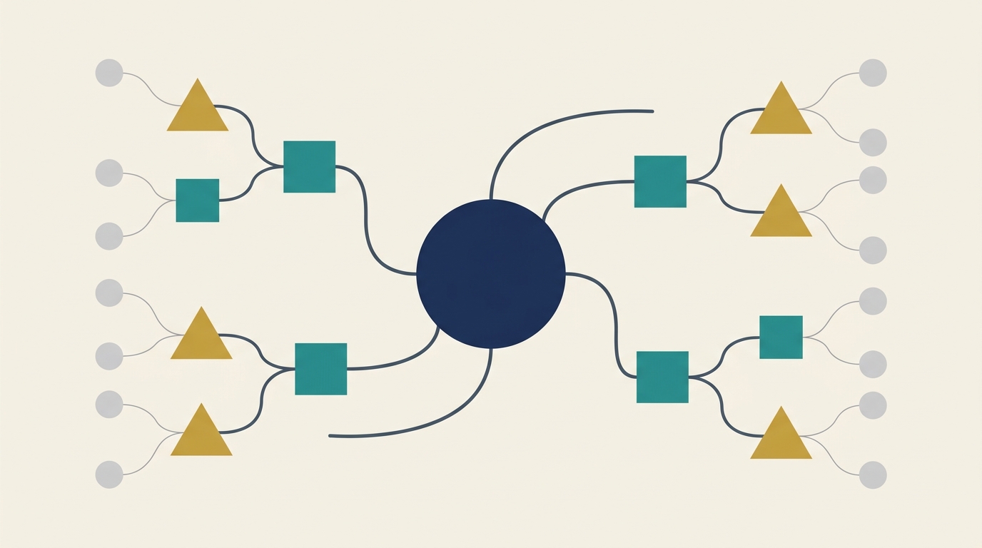 Simple vector illustration of interconnected nodes representing a law firm knowledge graph. The central navy blue circle represents the firm. Teal squares near the center represent attorneys. Gold triangles indicate practice areas and office locations. Small light gray circles at the edges represent external citations and directories. Dark slate curved lines link the nodes to show relationships. The background is soft light beige and nodes have subtle shadows for depth.