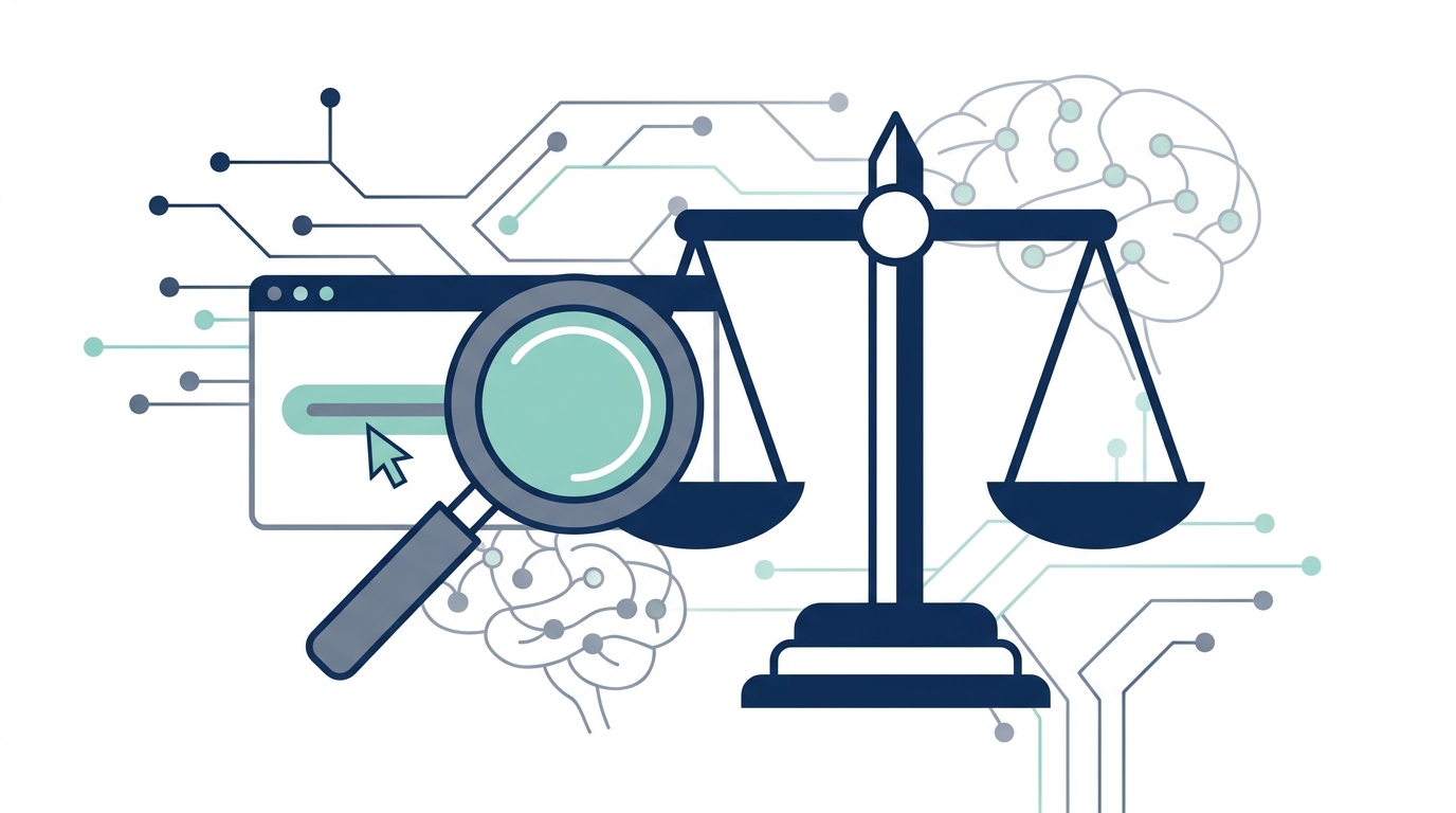 Scales of justice and magnifying glass representing ethical SEO compliance for law firms