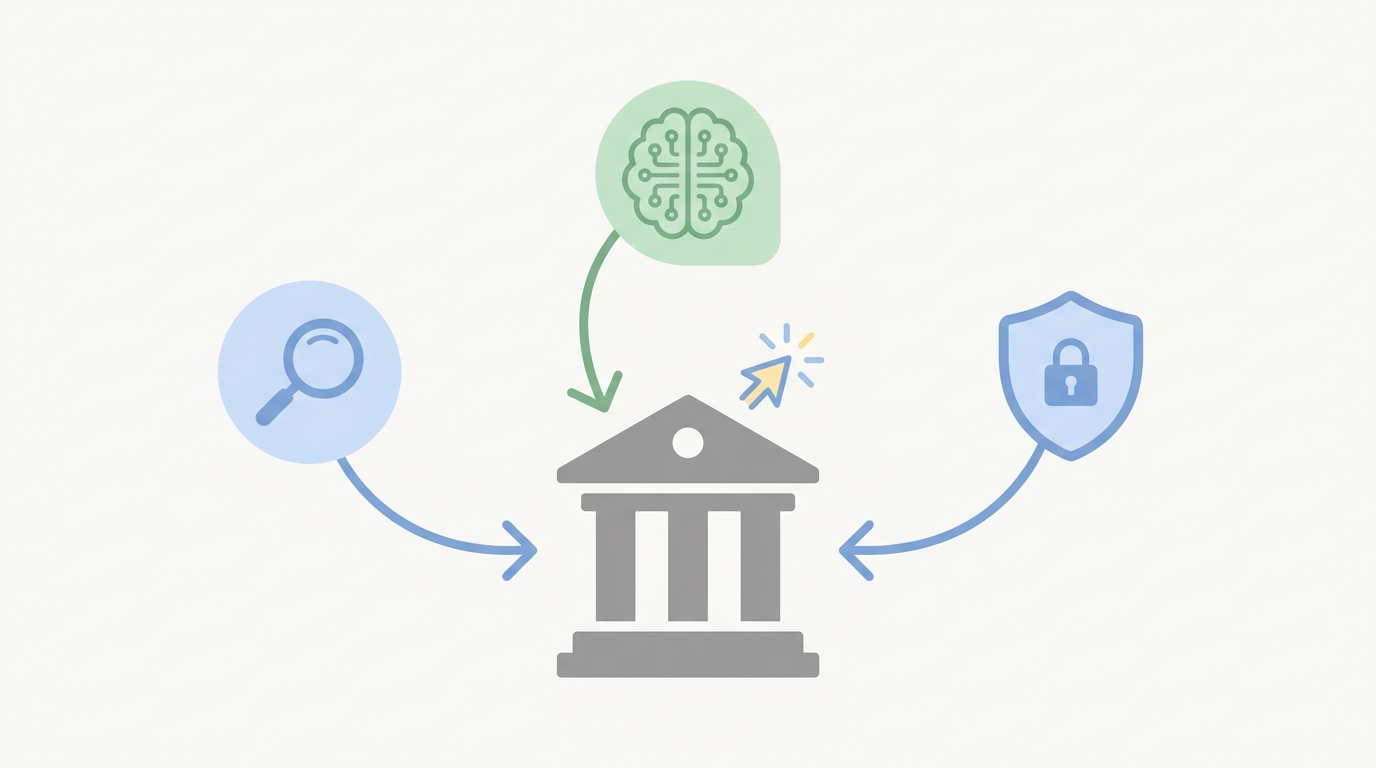 Illustration of search magnifier, AI brain, and security shield icons pointing to a law firm building to represent the impact of Preferred Sources, AI Mode, and X-Frame-Options on discovery and SEO outcomes.