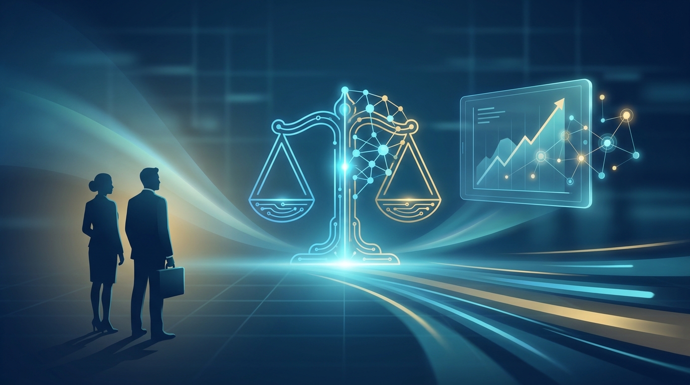 A futuristic illustration merging scales of justice with glowing circuit traces, a holographic dashboard with upward growth nodes, and two legal professionals silhouetted in the foreground to represent AI powered marketing innovation for law firms.