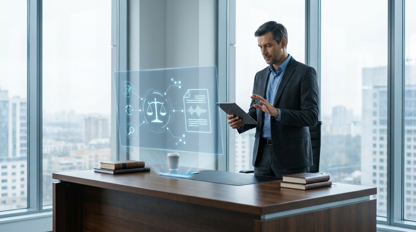 Lawyer interacting with legal AI hologram