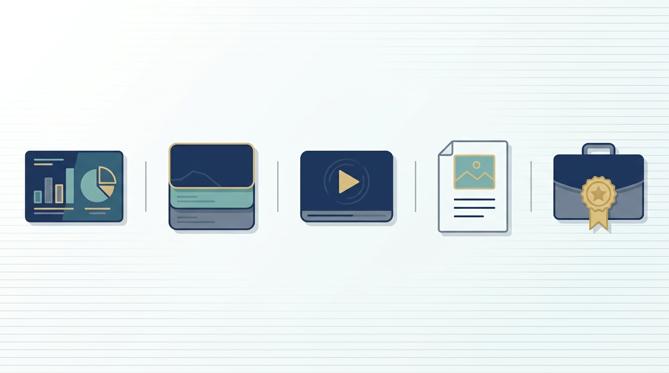 Icons showing LinkedIn post formats: infographic, carousel, video, text with image, case study