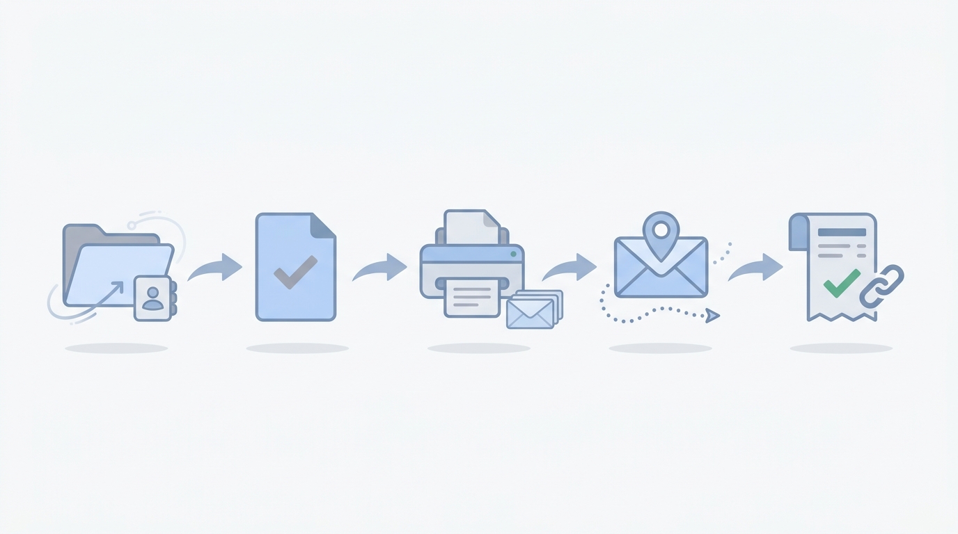 A clean horizontal illustration showing five icon steps: data sync from practice management, document selection, automatic printing and mailing preparation, postal dispatch with tracking, and billing reconciliation tied back to matters. The design uses flat icons, blues and grays, and ample white space for clarity.