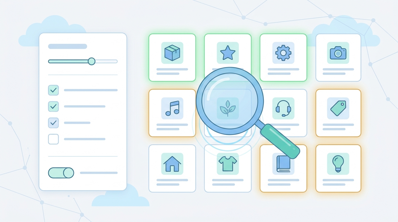 Illustration of a dashboard grid of product cards with a magnifying glass hovering over the grid and a left side filter panel. Some cards show green outlines for healthy items and amber outlines for flagged items, set on a calm blue teal palette with subtle cloud motifs to suggest Merchant Center connectivity.